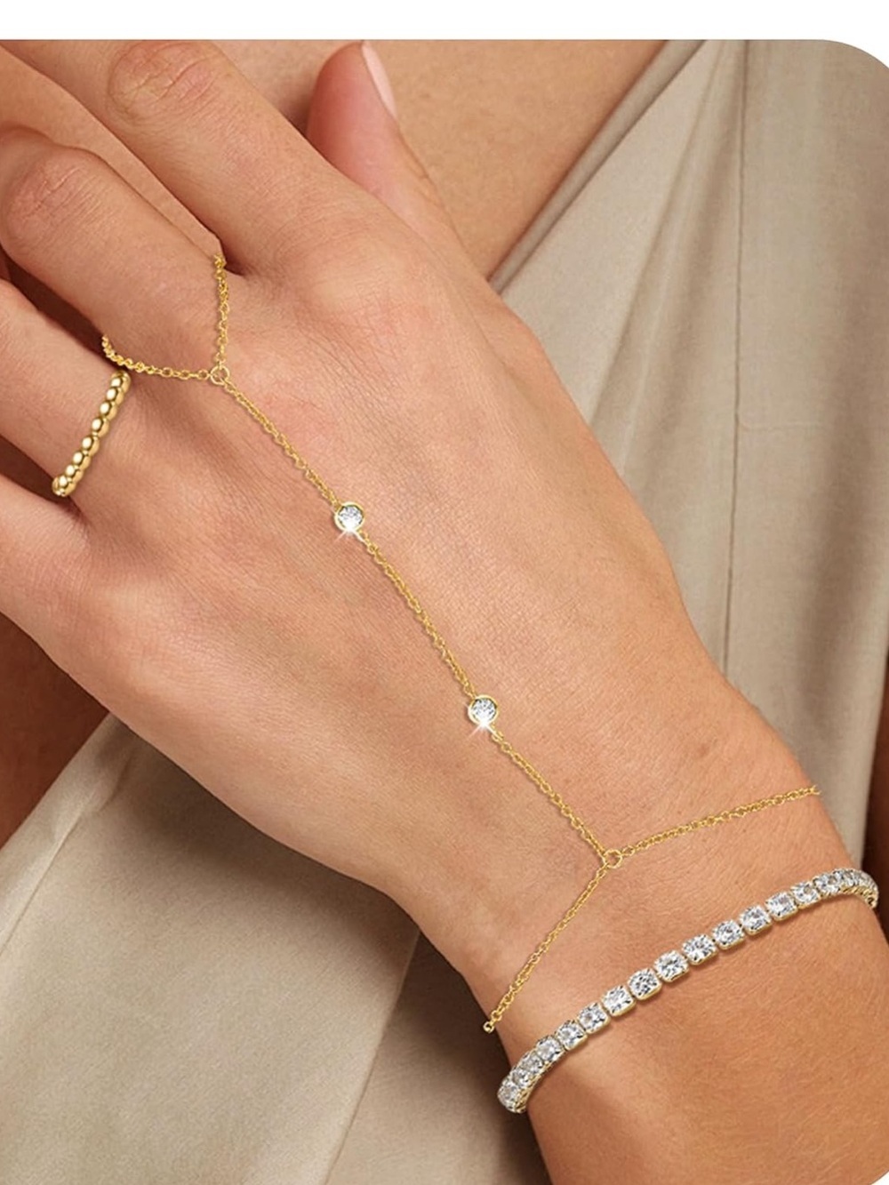 Anthropologie Gold Hand Chain Bracelet with Clear Stone Accents